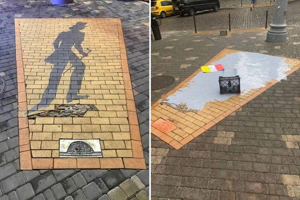 В центре Одессы вандалы залили серой краской арт-объект «Тень Пушкина