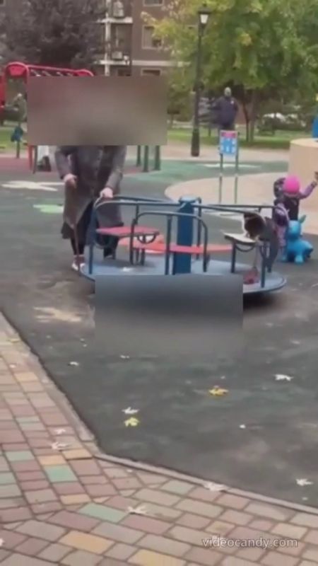 В Одессе бабка выгуливает котика на детской площадке
