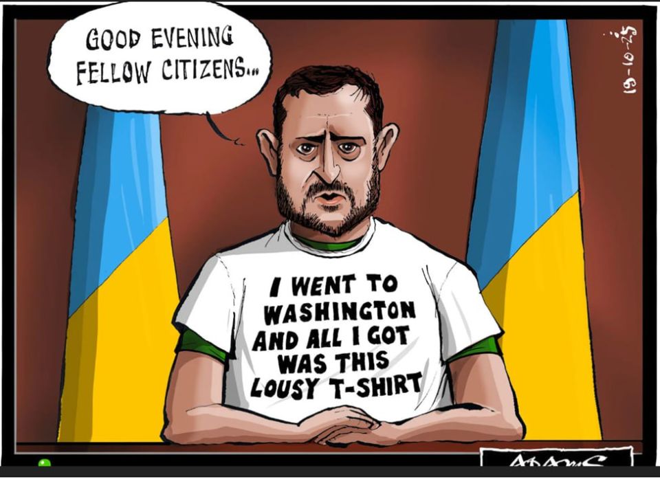 Штатный карикатурист издания The Telegraph Адамс изобразил Зелю как бы во время обращения к украинскому народу после встречи с Трампом: