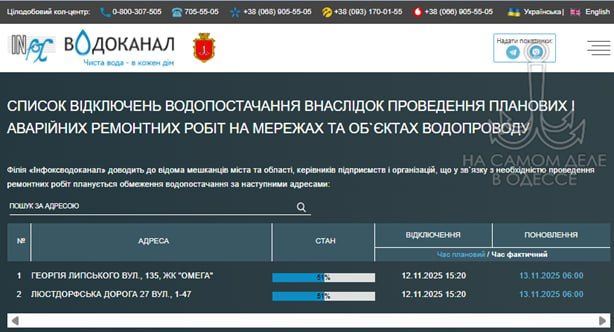 Коммунальные службы 13 ноября 2025 года в Одессе и области информируют: