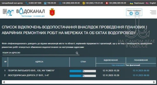 Коммунальные службы 13 ноября 2025 года в Одессе и области информируют: