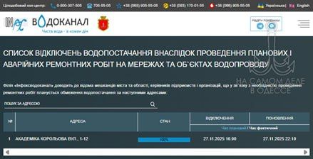 Коммунальные службы 28 ноября 2025 года в Одессе и области информируют: