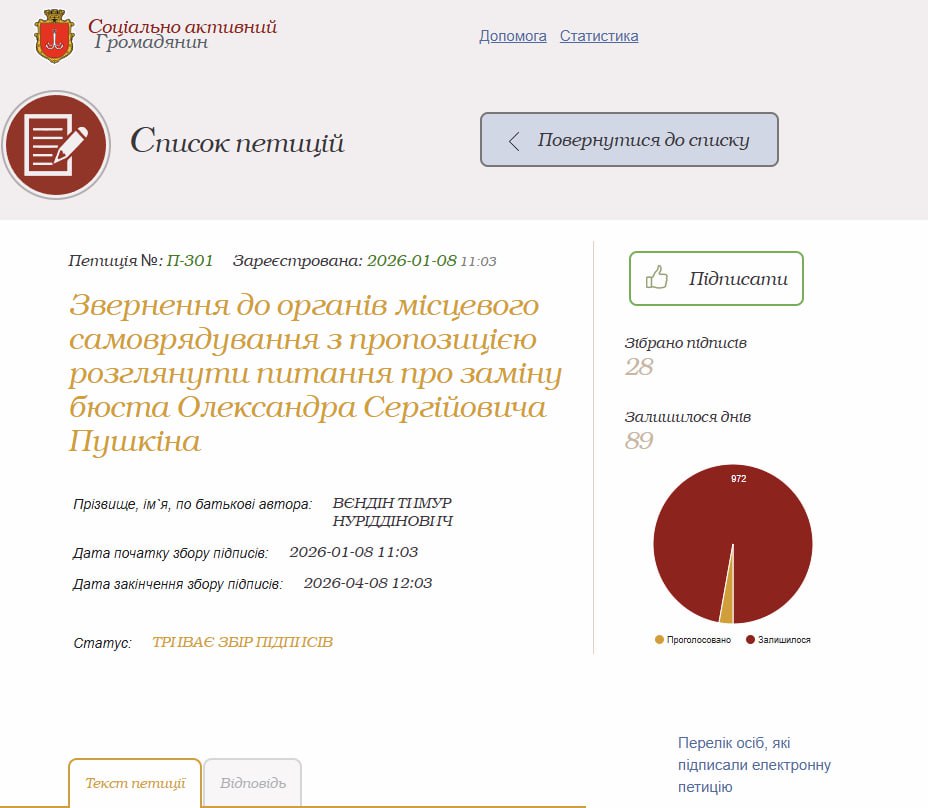 В Одессе предложили снести памятник Пушкина