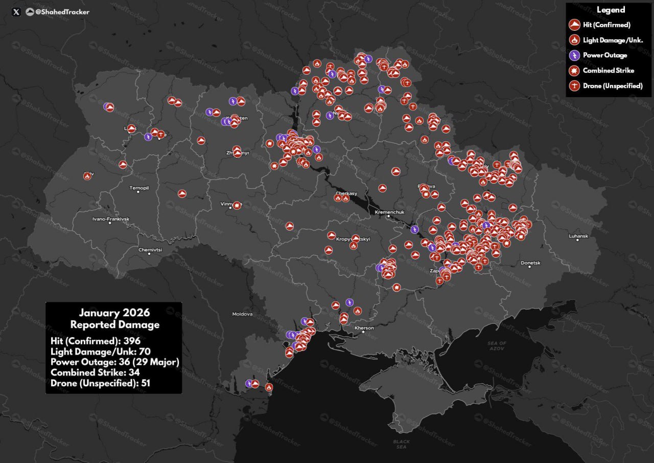 На основе открытых данных западные OSINT-аналитики посчитали, что за январь российские ударные дроны "Герань-2" поразили цели 396 раз