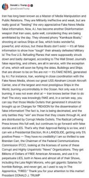 Трамп продолжает срывать покровы и изобличать «лживые американские СМИ и хитрых врагов в Иране, вооружённых искусственным интеллектом»