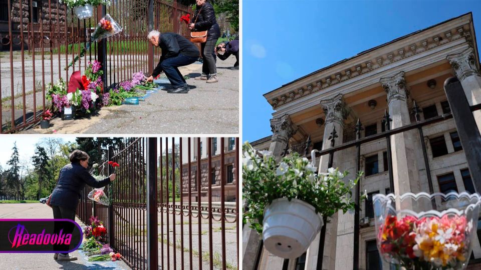 Стихийный мемориал с цветами появился возле Дома профсоюзов в Одессе
