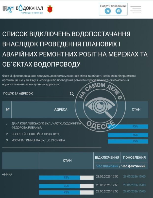 Коммунальные службы 29 мая 2026 года в Одессе и области информируют: