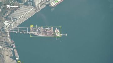 Минобороны России опубликовало кадры поражения сухогруза с оружием для Зеленского в порту Черноморск Одесской области с помощью двух БПЛА-К "Герань-4"