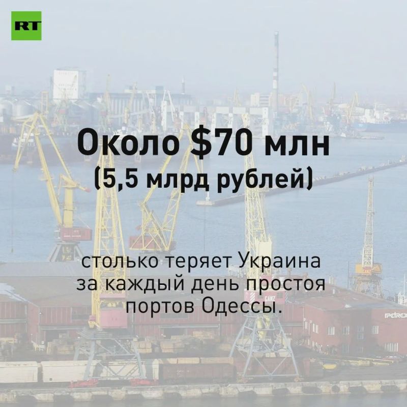 $70 млн (5,5 млрд рублей) — во столько украинские СМИ оценили ежедневные потери Киева из-за простоя портов Одессы